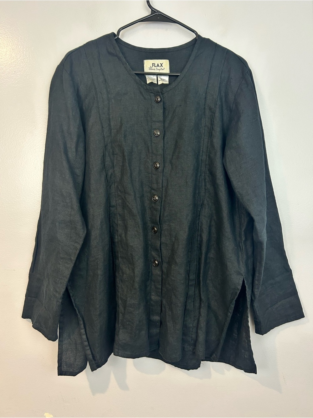Flax by Jeanne Engelhart 100% Linen Black Button Down Oversized Shirt Small